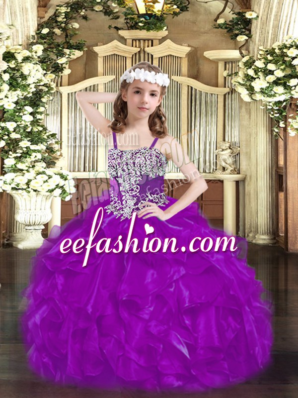 Fancy Floor Length Purple Kids Formal Wear Organza Sleeveless Beading and Ruffles