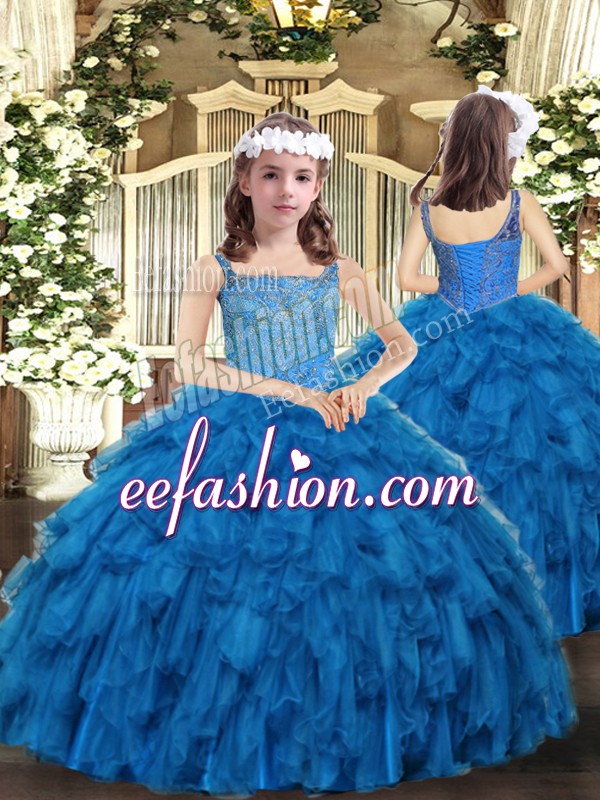  Blue Ball Gowns Organza Straps Sleeveless Beading and Ruffles Floor Length Lace Up Pageant Dress for Teens