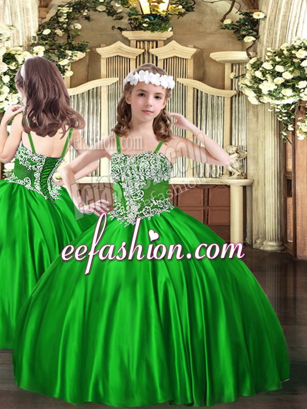 Perfect Floor Length Green Child Pageant Dress Straps Sleeveless Lace Up