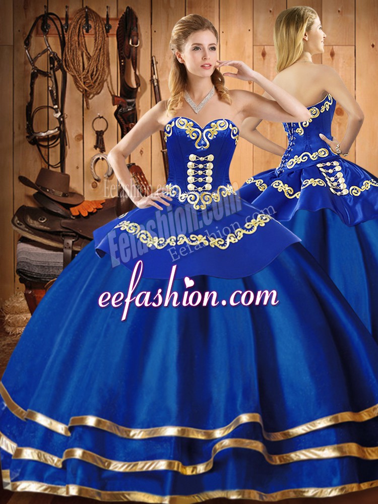  Blue Ball Gowns Embroidery Sweet 16 Dresses Lace Up Organza Sleeveless Floor Length