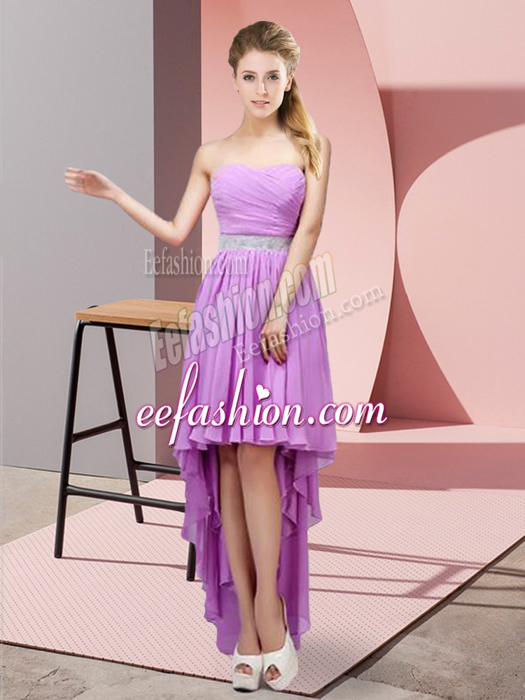  Lavender Sleeveless High Low Beading Lace Up Quinceanera Court of Honor Dress