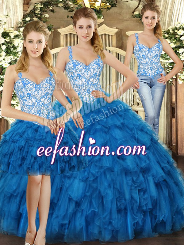  Blue Lace Up Straps Beading and Ruffles Sweet 16 Quinceanera Dress Organza Sleeveless