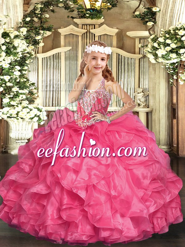  Sleeveless Floor Length Beading and Ruffles Lace Up Girls Pageant Dresses with Hot Pink