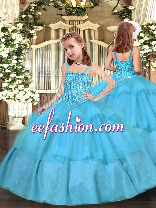 Top Selling Aqua Blue Ball Gowns Organza Straps Sleeveless Beading and Ruffled Layers Floor Length Lace Up Little Girls Pageant Dress
