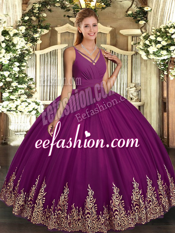  Purple Ball Gowns Beading and Appliques Ball Gown Prom Dress Backless Tulle Sleeveless Floor Length