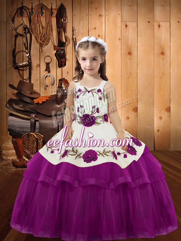 Modern Fuchsia Lace Up Little Girl Pageant Dress Embroidery and Ruffled Layers Sleeveless Floor Length