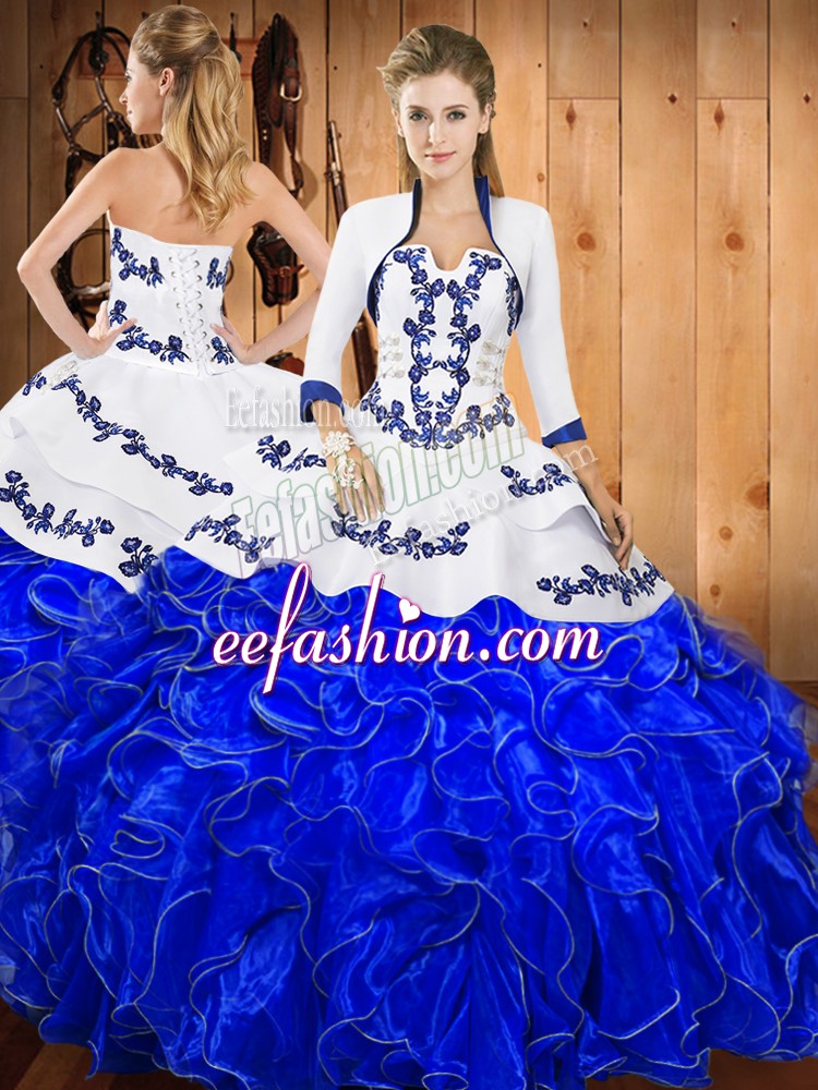 Fantastic Blue And White Satin and Organza Lace Up Sweet 16 Quinceanera Dress Sleeveless Floor Length Embroidery and Ruffles