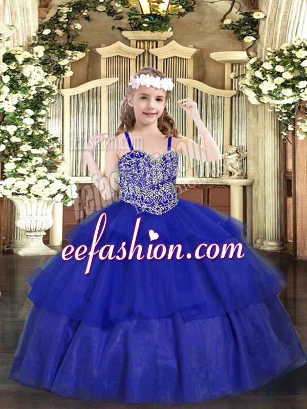 Exquisite Floor Length Lace Up Pageant Dress for Girls Royal Blue for Party and Quinceanera with Beading and Ruffled Layers