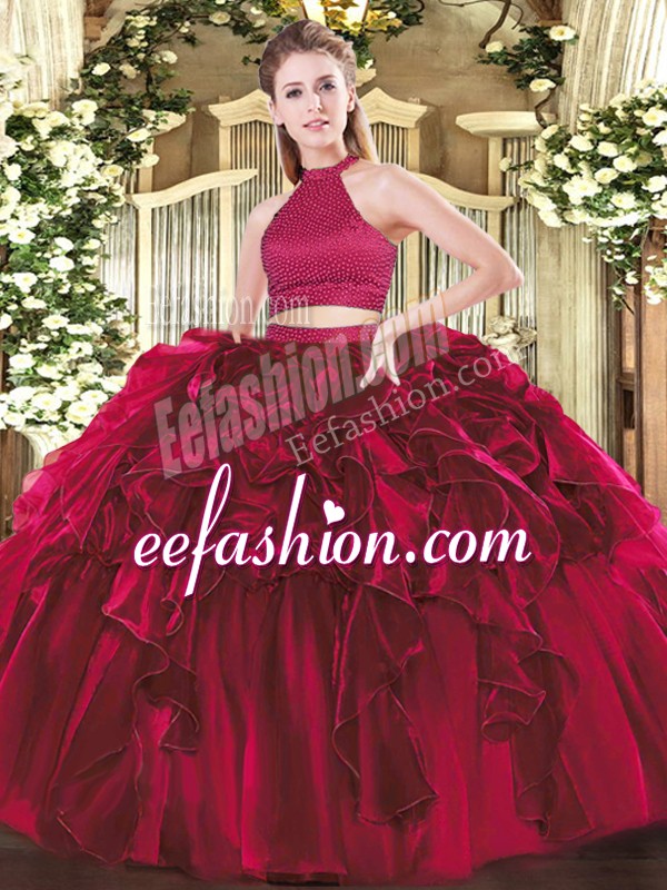  Fuchsia Sleeveless Floor Length Beading and Ruffles Backless Ball Gown Prom Dress