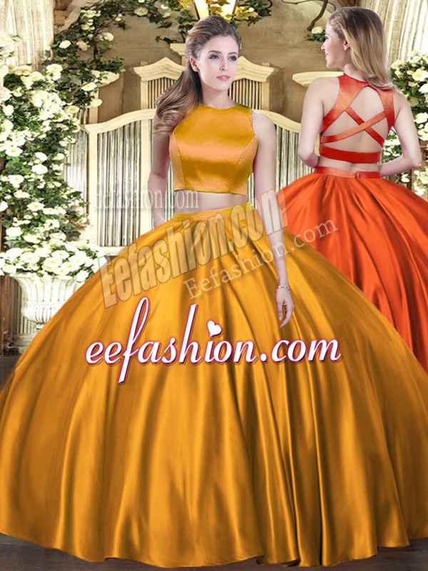 Suitable Orange Criss Cross Ball Gown Prom Dress Ruching Sleeveless Floor Length