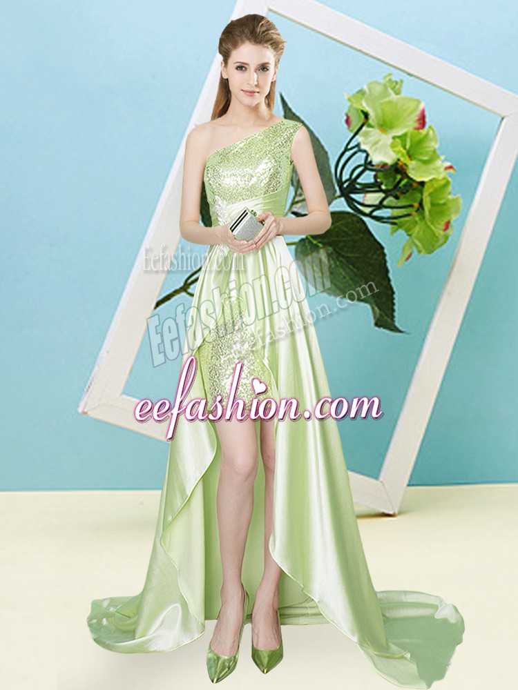 Sumptuous High Low Yellow Green Dress for Prom Elastic Woven Satin and Sequined Sleeveless Sequins