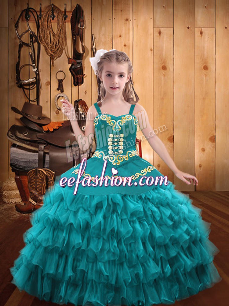  Embroidery and Ruffled Layers Little Girl Pageant Gowns Teal Lace Up Sleeveless Floor Length