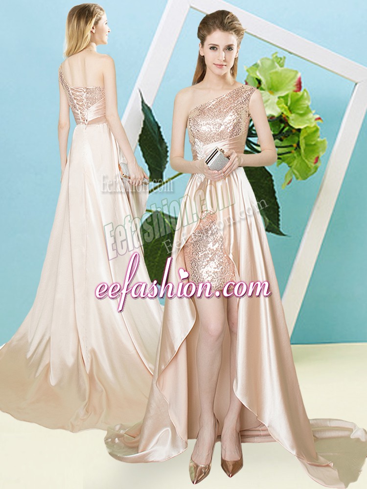  High Low Champagne Prom Evening Gown Elastic Woven Satin and Sequined Sleeveless Sequins