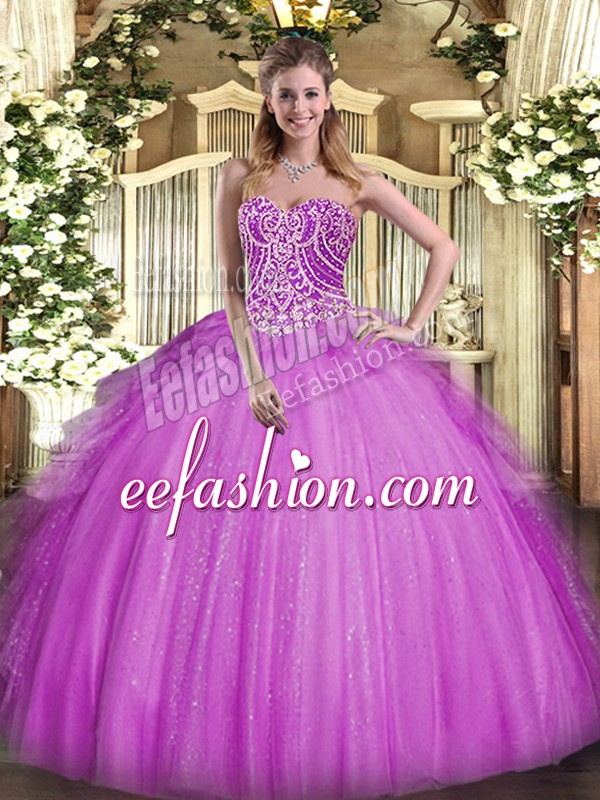Delicate Fuchsia Ball Gowns Beading and Ruffles Quinceanera Dresses Lace Up Organza Sleeveless Floor Length