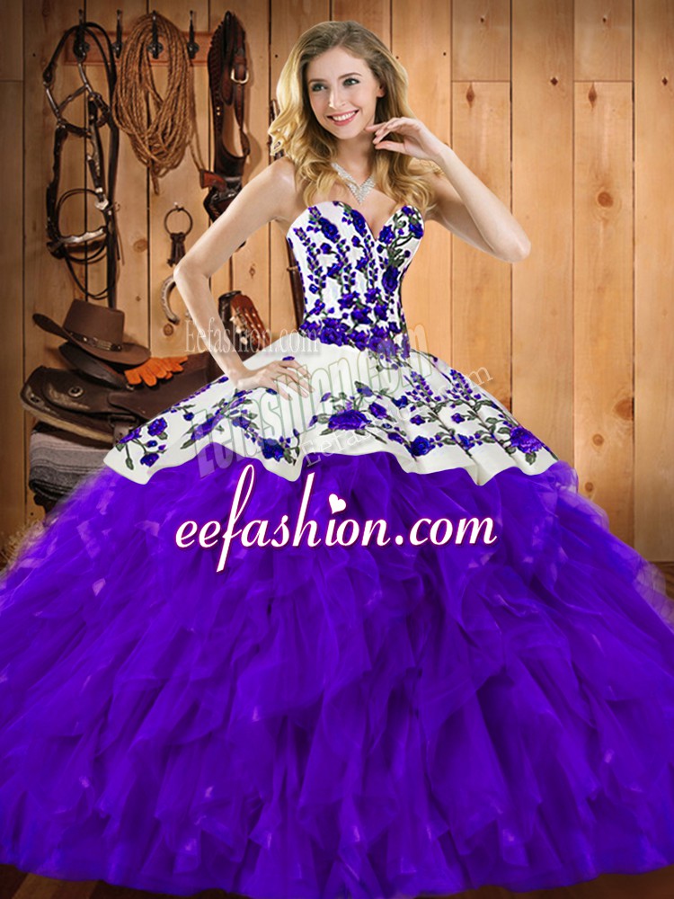 Comfortable Embroidery and Ruffles Vestidos de Quinceanera Purple Lace Up Sleeveless Floor Length