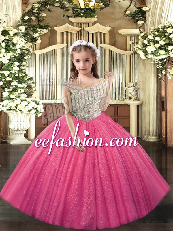  Hot Pink Ball Gowns Tulle Off The Shoulder Sleeveless Beading Floor Length Lace Up Child Pageant Dress