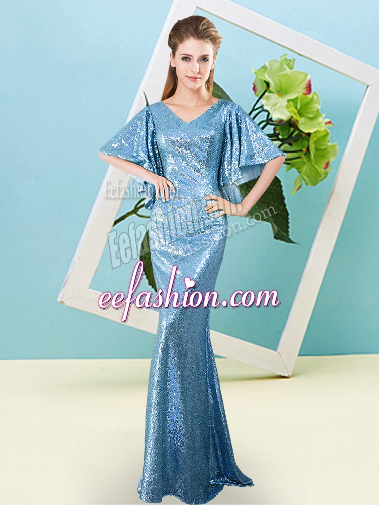 Modern Baby Blue Half Sleeves Floor Length Sequins Zipper Prom Gown