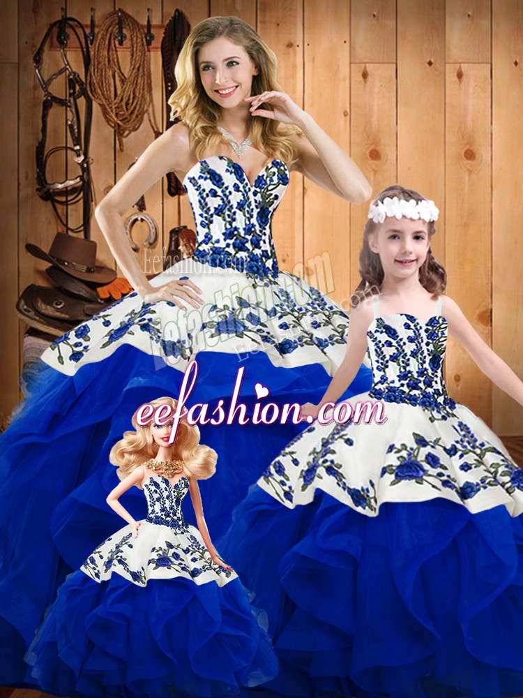 Eye-catching Royal Blue Sweetheart Neckline Embroidery and Ruffles Quince Ball Gowns Sleeveless Lace Up