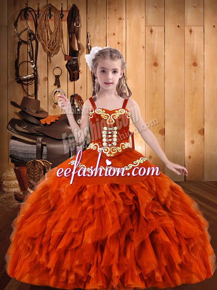On Sale Orange Red Ball Gowns Organza Straps Sleeveless Embroidery and Ruffles Floor Length Lace Up Little Girl Pageant Gowns