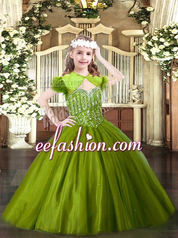  Ball Gowns Little Girls Pageant Gowns Olive Green Straps Tulle Sleeveless Floor Length Lace Up