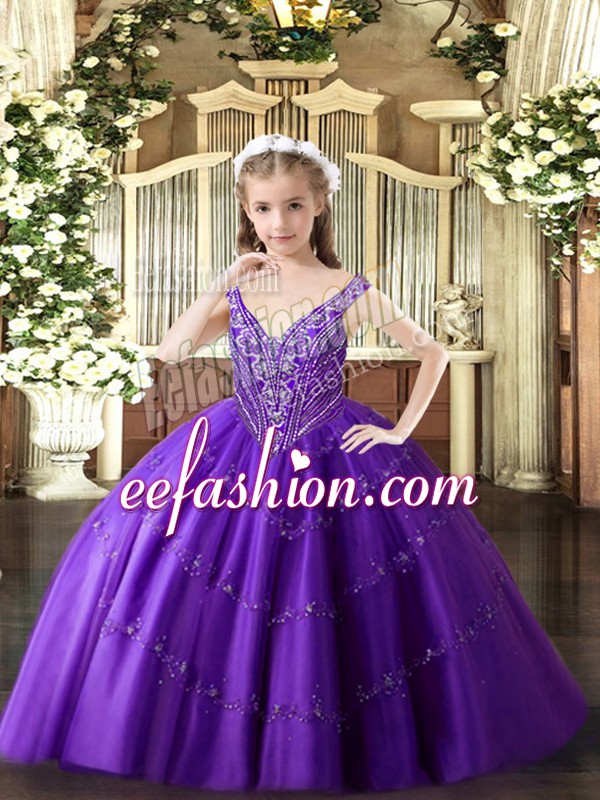  V-neck Sleeveless Kids Pageant Dress Floor Length Beading and Appliques Purple Tulle