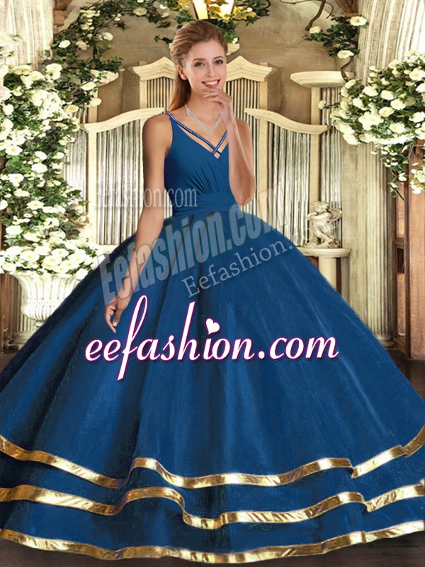 Spectacular Ruffled Layers 15th Birthday Dress Blue Backless Sleeveless Floor Length