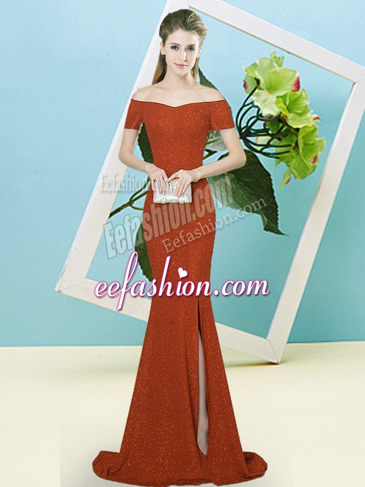 Fine Sweep Train Mermaid Prom Evening Gown Rust Red Off The Shoulder Sequined Short Sleeves Zipper