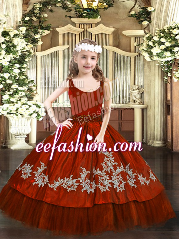  Floor Length Zipper Little Girls Pageant Dress Wholesale Wine Red for Party and Quinceanera with Beading and Appliques