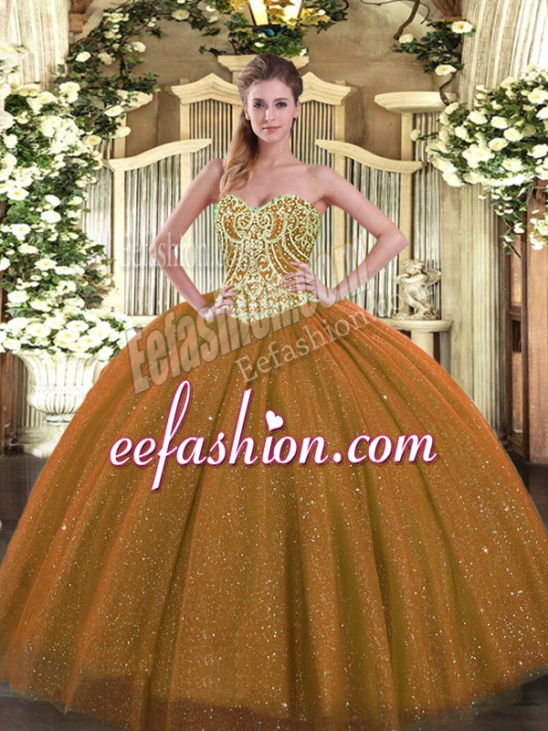 Shining Sleeveless Tulle Floor Length Lace Up Quinceanera Dress in Brown with Beading