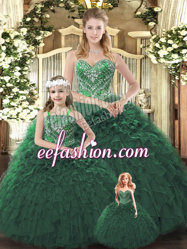  Dark Green Sleeveless Organza Lace Up Quinceanera Dress for Military Ball and Sweet 16 and Quinceanera