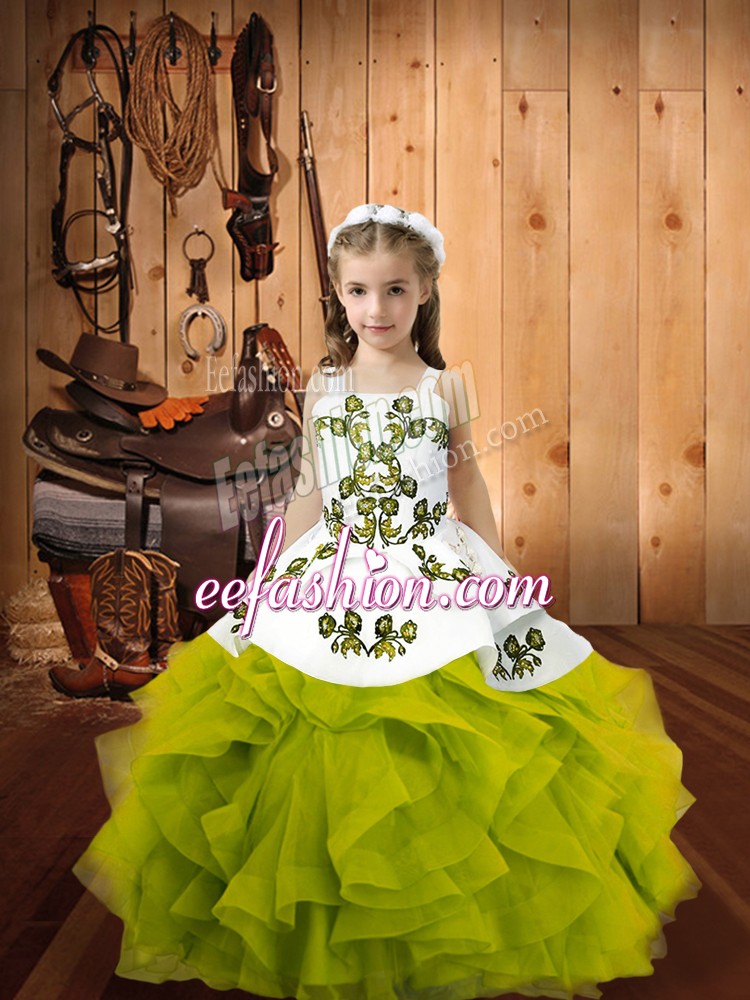  Olive Green Straps Lace Up Embroidery and Ruffles Child Pageant Dress Sleeveless