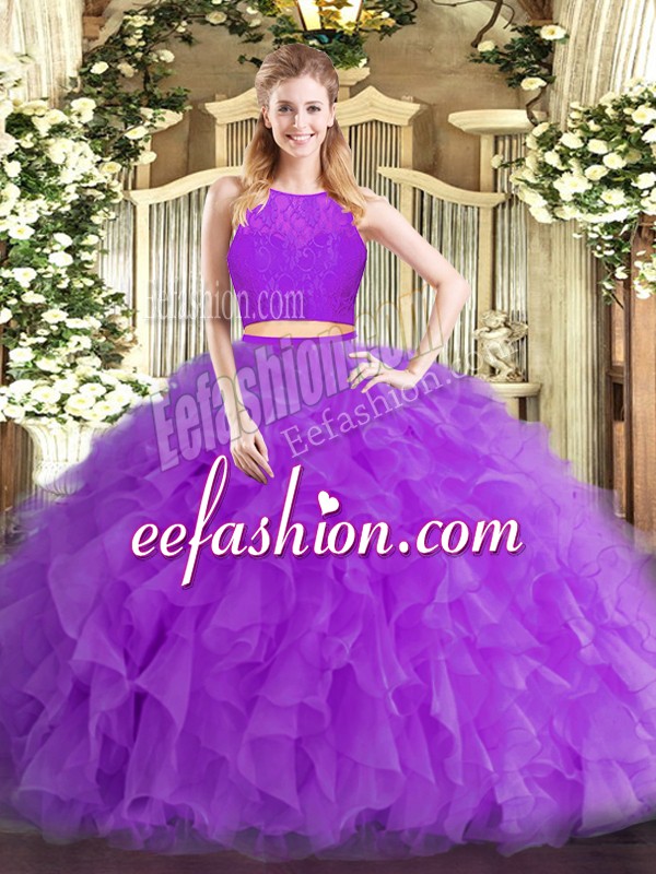 Discount Eggplant Purple Two Pieces Tulle Scoop Sleeveless Ruffles Floor Length Zipper Quinceanera Gowns