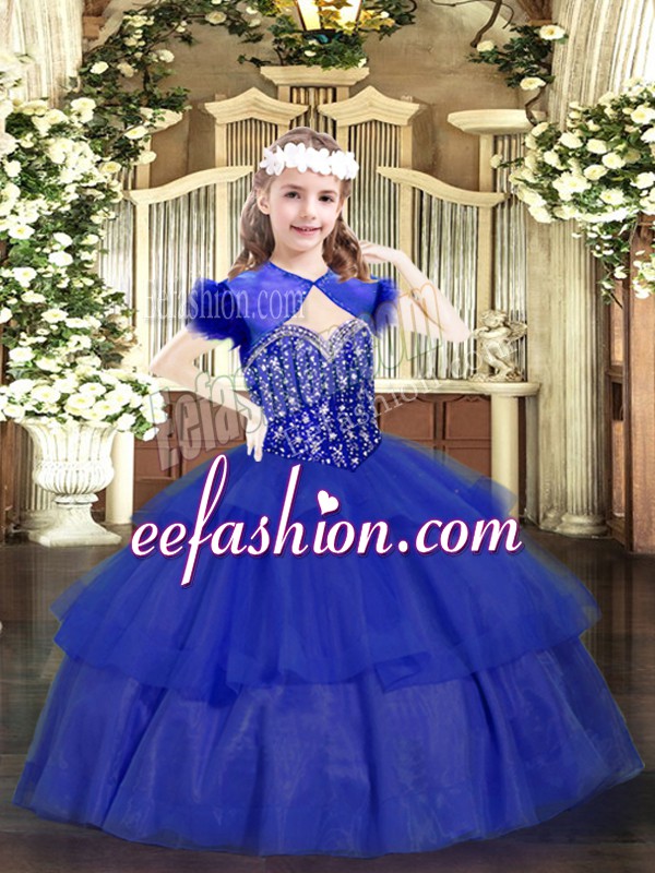  Royal Blue Sleeveless Organza Lace Up Pageant Dress for Teens for Party and Quinceanera