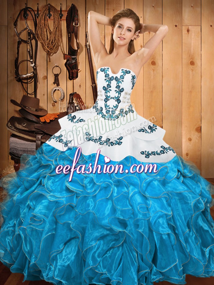  Sleeveless Floor Length Embroidery and Ruffles Lace Up 15 Quinceanera Dress with Teal 