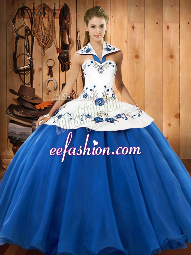 Designer Blue And White Satin and Tulle Lace Up Quince Ball Gowns Sleeveless Floor Length Embroidery