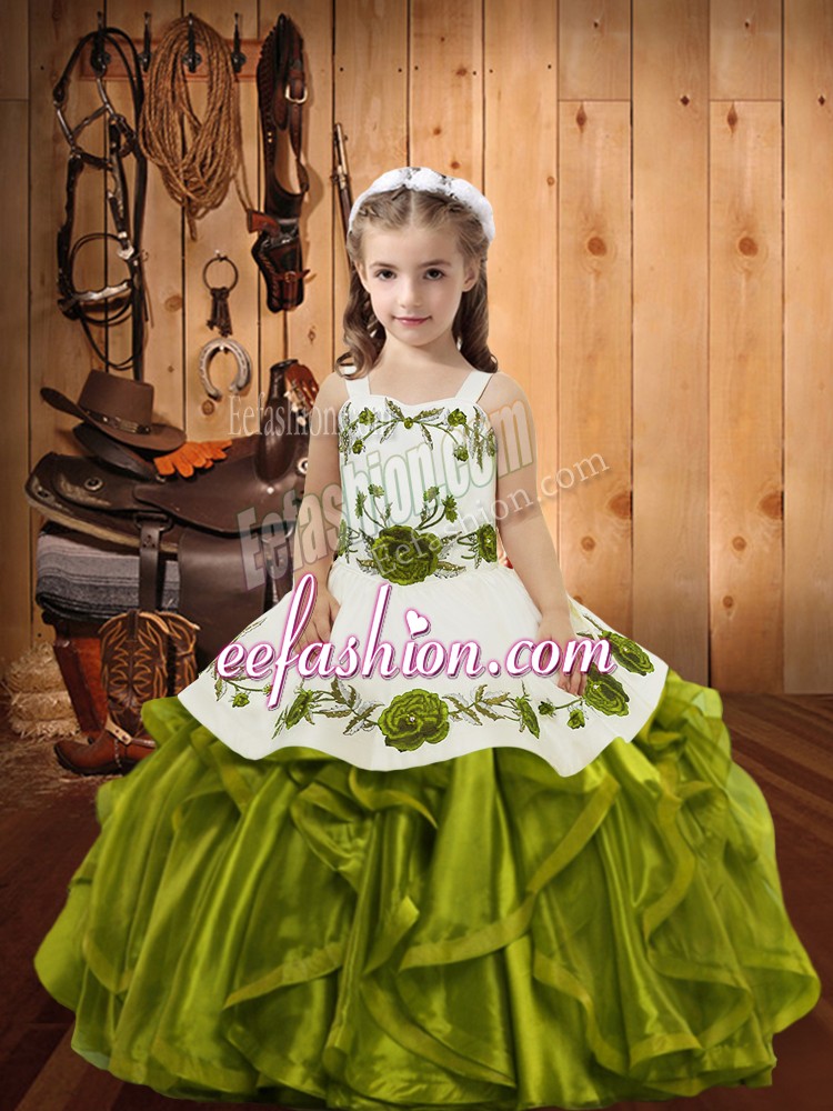 Custom Made Embroidery and Ruffles Kids Formal Wear Olive Green Lace Up Sleeveless Floor Length
