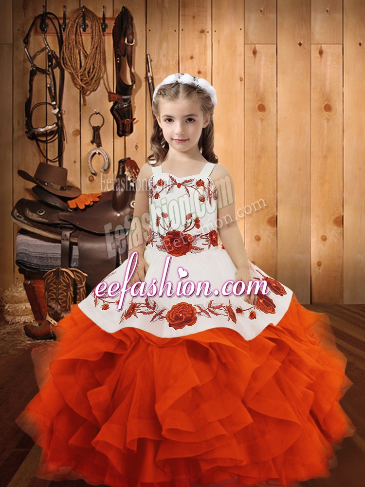 Pretty Ball Gowns Child Pageant Dress Orange Red Straps Tulle Sleeveless Floor Length Lace Up