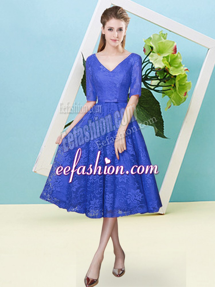 Extravagant Royal Blue Half Sleeves Lace Lace Up Bridesmaids Dress for Prom and Party and Wedding Party