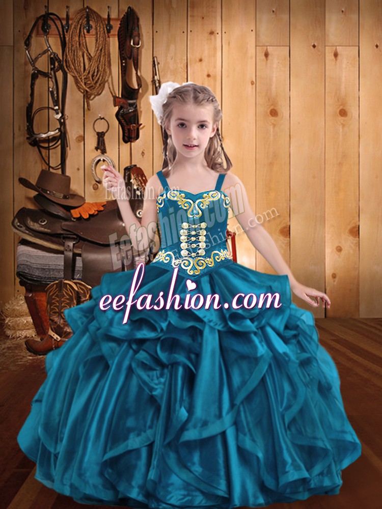  Organza Straps Sleeveless Lace Up Embroidery and Ruffles Little Girls Pageant Dress Wholesale in Teal 