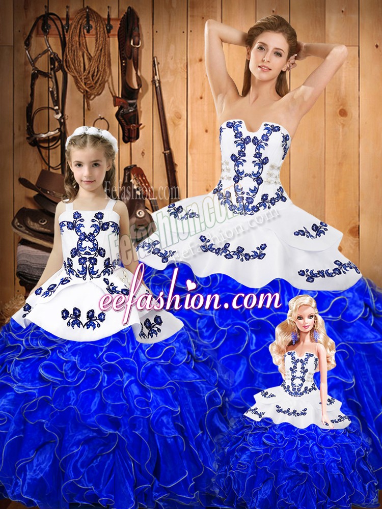 Fabulous Royal Blue Strapless Neckline Embroidery and Ruffles Quince Ball Gowns Sleeveless Lace Up