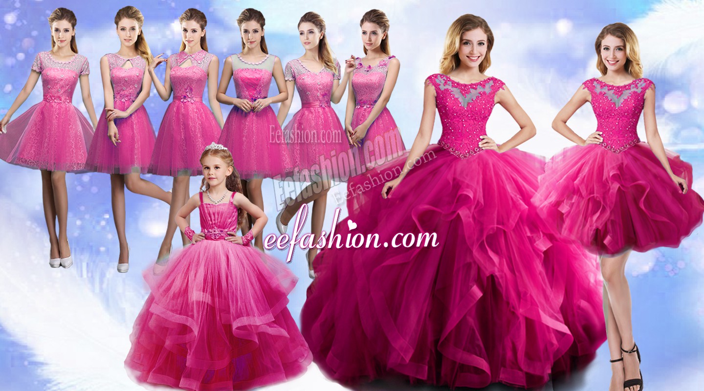  Fuchsia Scoop Lace Up Beading and Ruffles Ball Gown Prom Dress Sleeveless