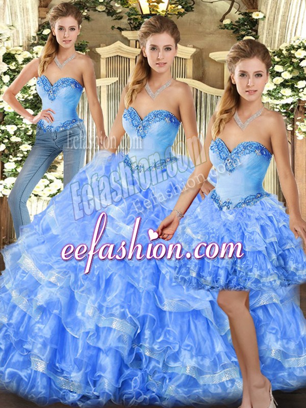 Light Blue Lace Up Ball Gown Prom Dress Beading and Ruffles Sleeveless Floor Length