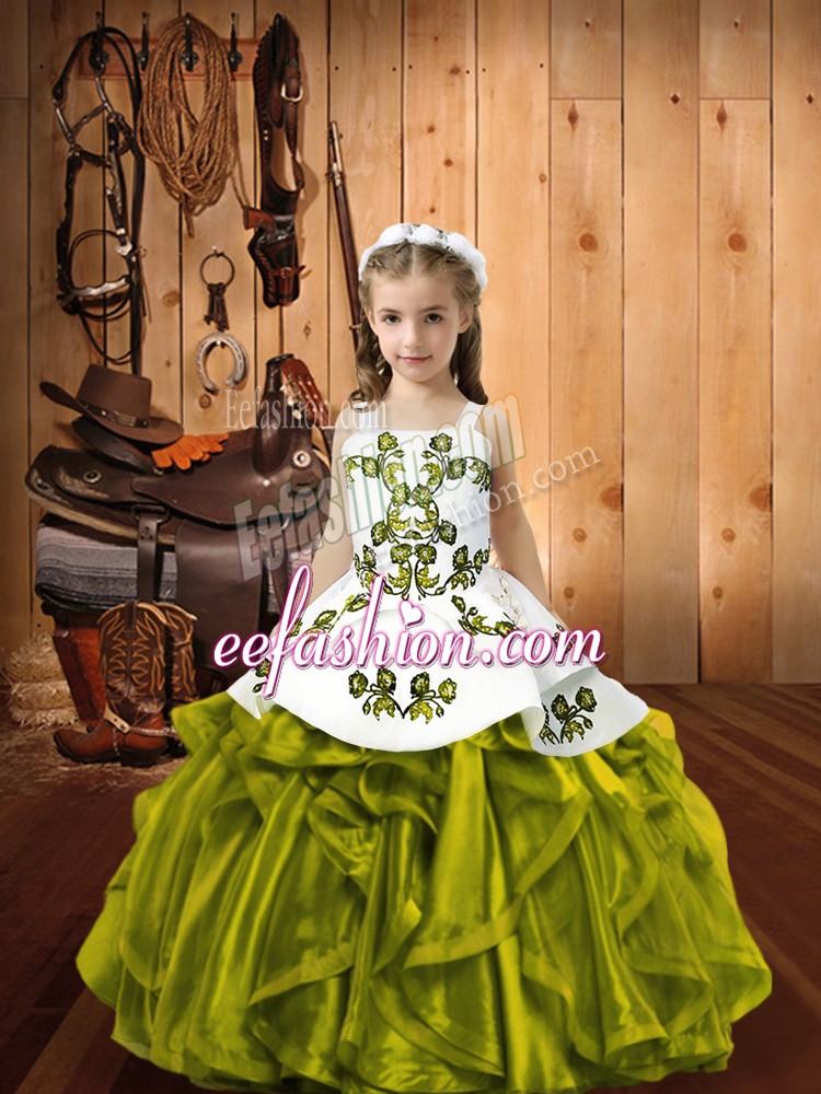  Sleeveless Floor Length Embroidery and Ruffles Lace Up Pageant Gowns For Girls with Olive Green