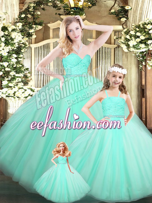  Sleeveless Floor Length Beading and Lace Lace Up Quinceanera Gowns with Apple Green