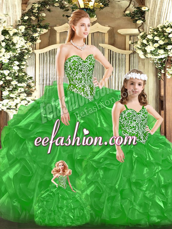  Floor Length Lace Up Ball Gown Prom Dress Green for Military Ball and Sweet 16 and Quinceanera with Beading and Ruffles and Bowknot