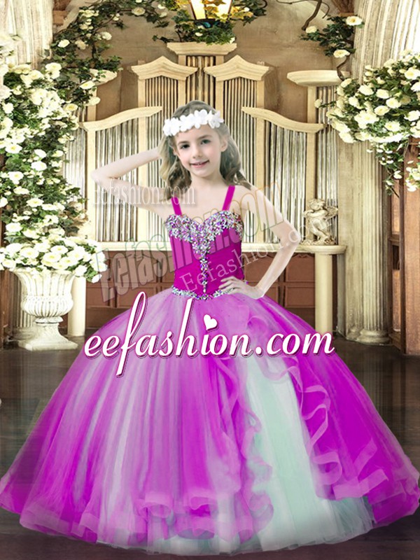 On Sale Fuchsia Ball Gowns Tulle Straps Sleeveless Beading Floor Length Lace Up Girls Pageant Dresses