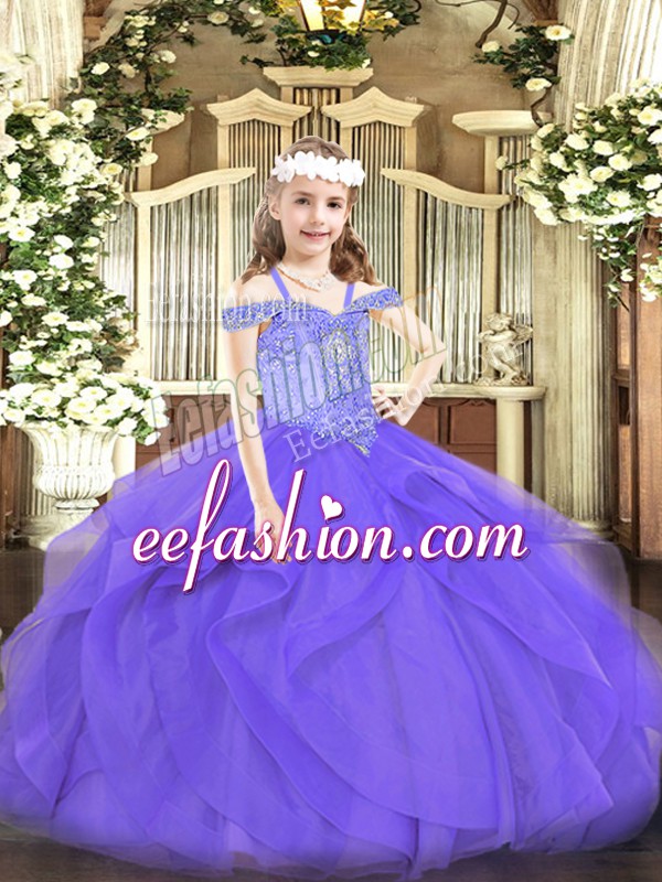  Lavender Off The Shoulder Neckline Beading and Ruffles Pageant Gowns For Girls Sleeveless Lace Up