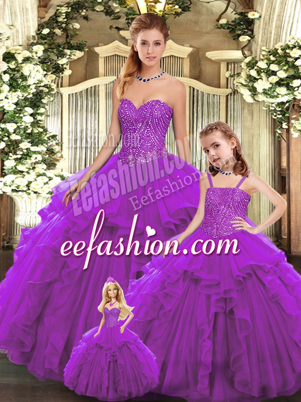 Graceful Eggplant Purple Lace Up Sweetheart Beading and Ruffles Quinceanera Dress Organza Sleeveless