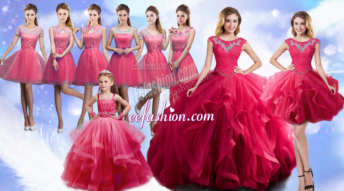 Beautiful Scoop Sleeveless Lace Up Quinceanera Dresses Hot Pink Organza