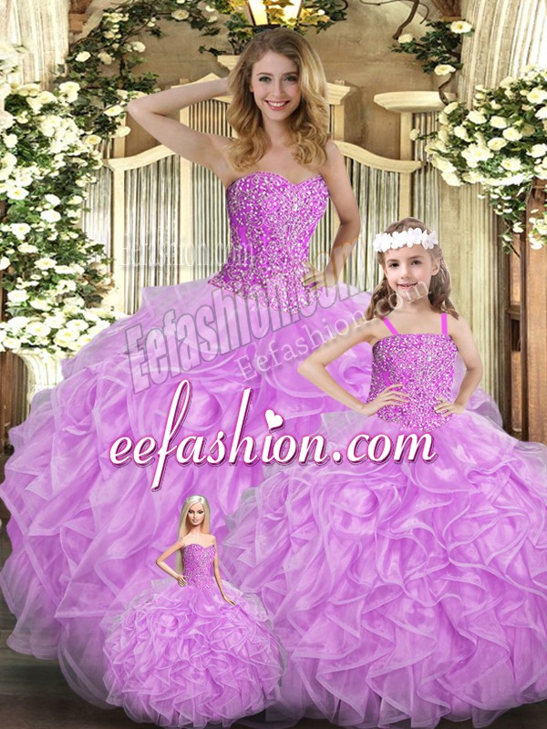 Discount Lilac Organza Lace Up Sweet 16 Quinceanera Dress Sleeveless Floor Length Beading and Ruffles